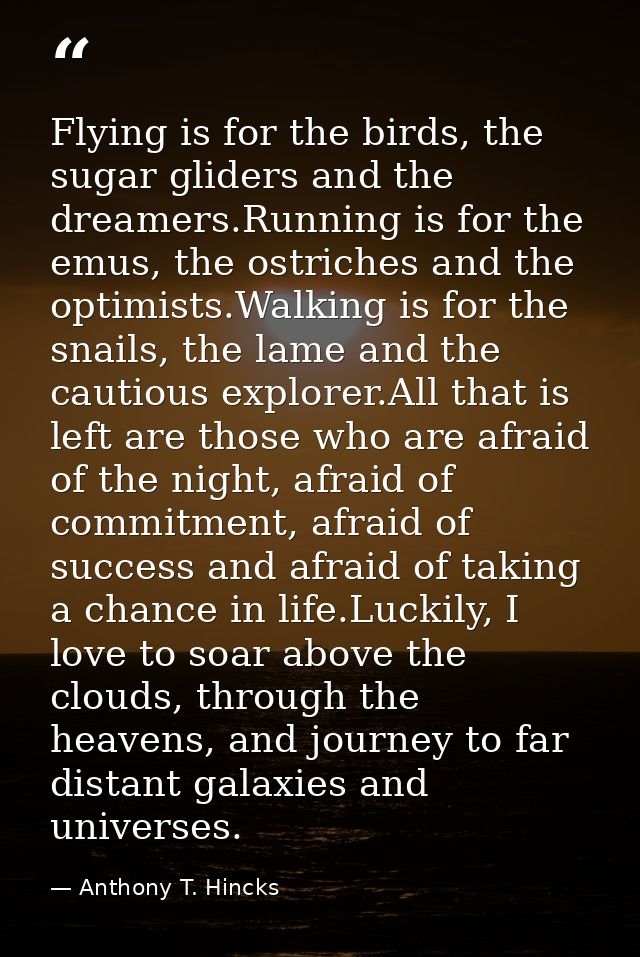 Flying is for the birds, the sugar gliders and the dreamers.Running is for the emus, the ostriches and the optimists.Wal — Anthony T. Hincks