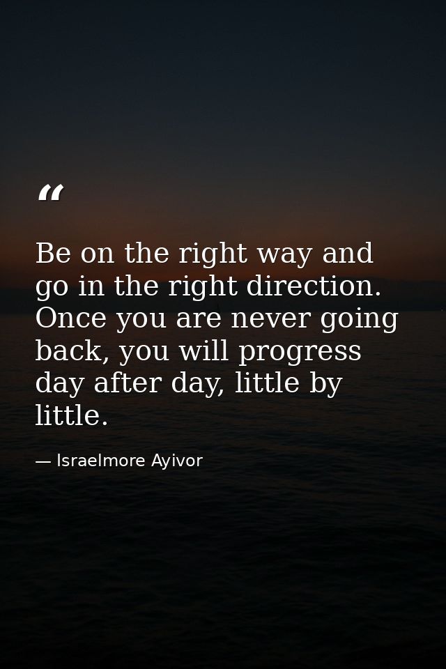 Be on the right way and go in the right direction. Once you are never going back, you will progress day after day, littl — Israelmore Ayivor