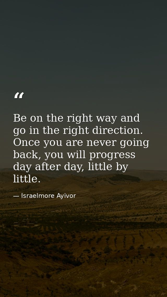 Be on the right way and go in the right direction. Once you are never going back, you will progress day after day, littl — Israelmore Ayivor