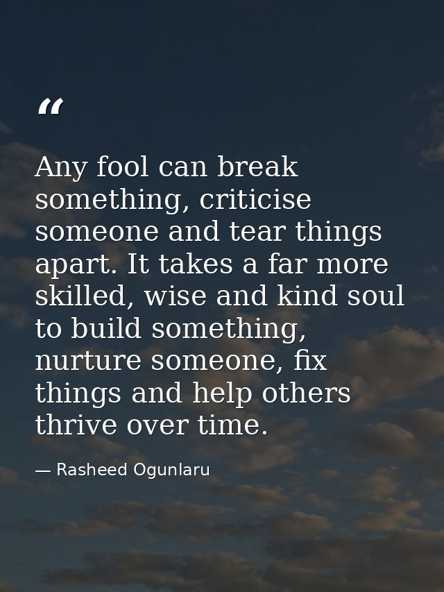 Any fool can break something, criticise someone and tear things apart. It takes a far more skilled, wise and kind soul t — Rasheed Ogunlaru