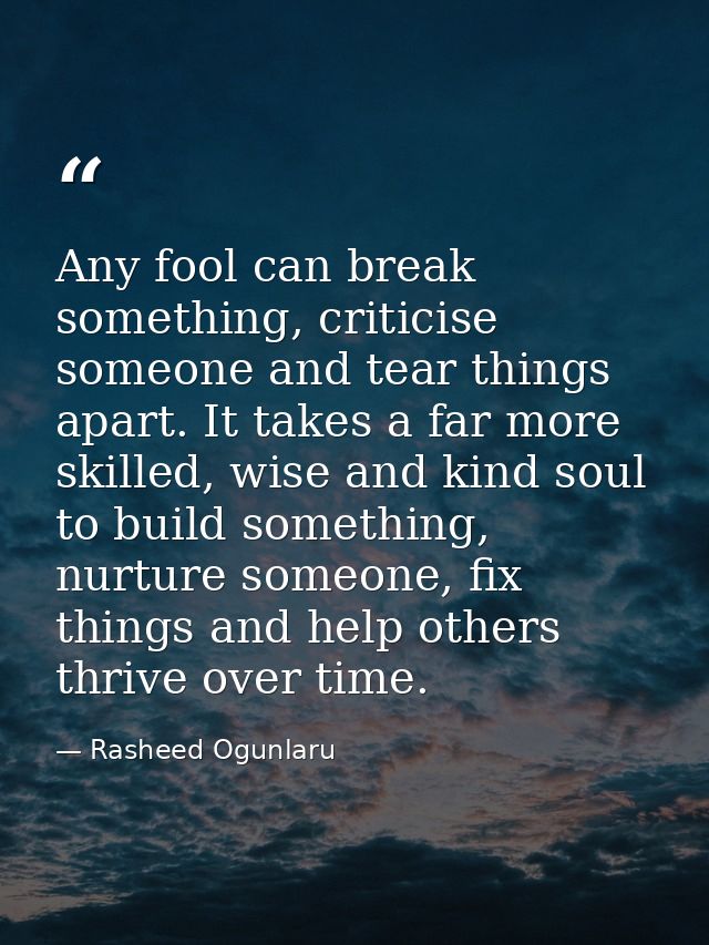 Any fool can break something, criticise someone and tear things apart. It takes a far more skilled, wise and kind soul t — Rasheed Ogunlaru