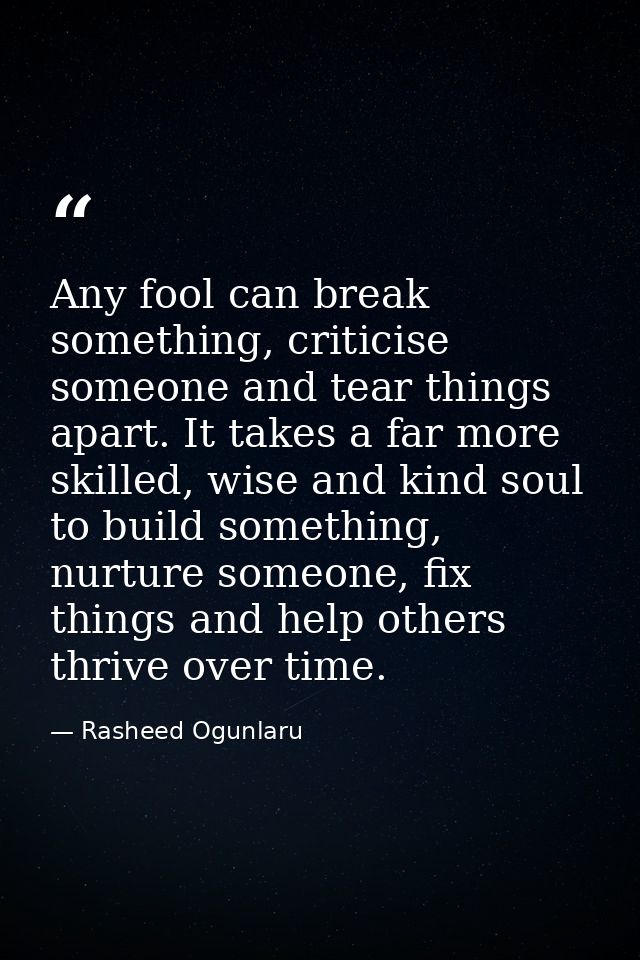 Any fool can break something, criticise someone and tear things apart. It takes a far more skilled, wise and kind soul t — Rasheed Ogunlaru