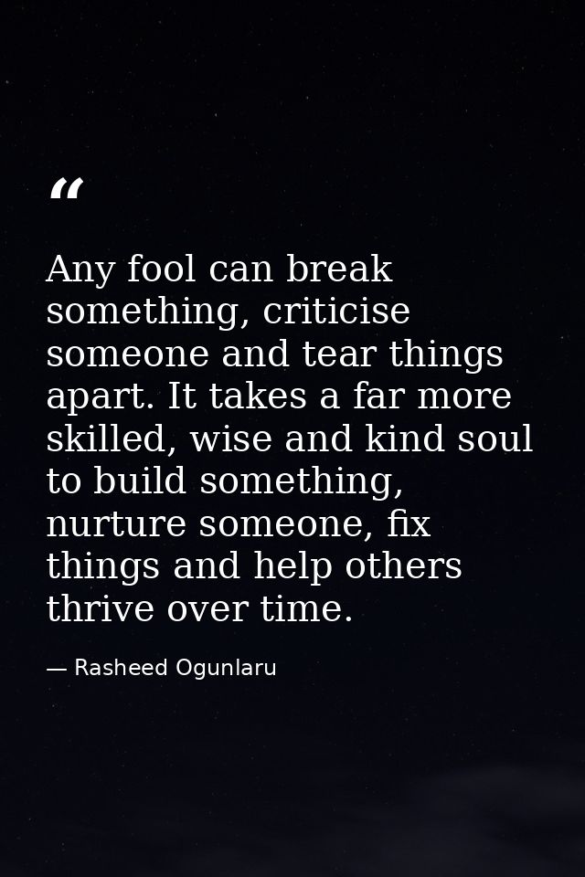 Any fool can break something, criticise someone and tear things apart. It takes a far more skilled, wise and kind soul t — Rasheed Ogunlaru