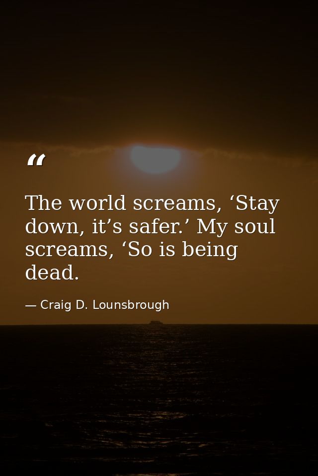 The world screams, ‘Stay down, it’s safer.’ My soul screams, ‘So is being dead. — Craig D. Lounsbrough