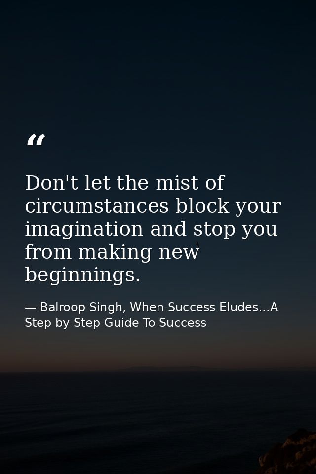 Don't let the mist of circumstances block your imagination and stop you from making new beginnings. — Balroop Singh, When Success Eludes...A Step by Step Guide To Success