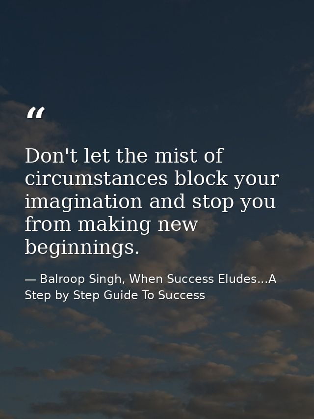 Don't let the mist of circumstances block your imagination and stop you from making new beginnings. — Balroop Singh, When Success Eludes...A Step by Step Guide To Success