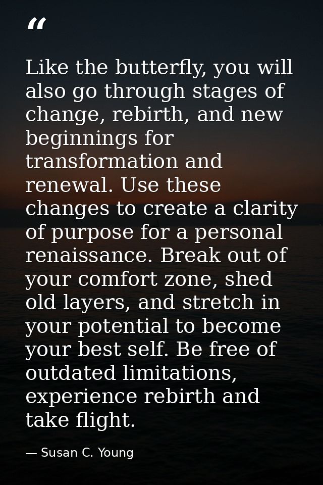 Like the butterfly, you will also go through stages of change, rebirth, and new beginnings for transformation and renewa — Susan C. Young