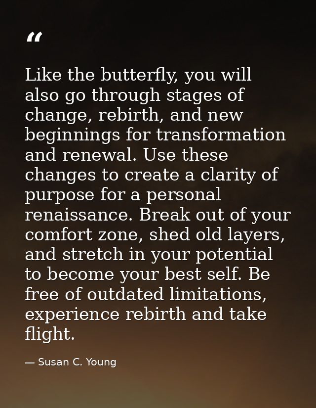 Like the butterfly, you will also go through stages of change, rebirth, and new beginnings for transformation and renewa — Susan C. Young