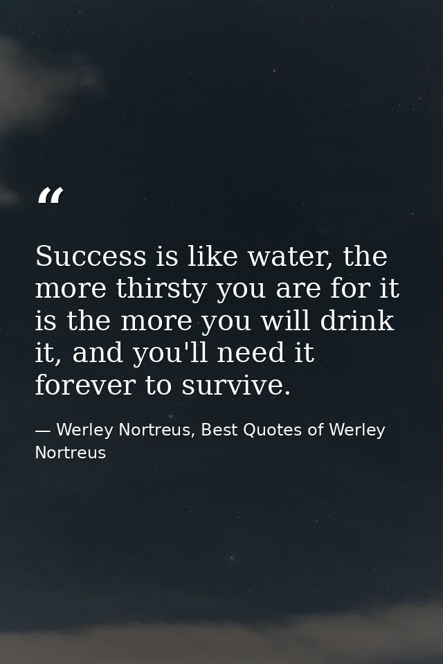 Success is like water, the more thirsty you are for it is the more you will drink it, and you'll need it forever to surv — Werley Nortreus, Best Quotes of Werley Nortreus