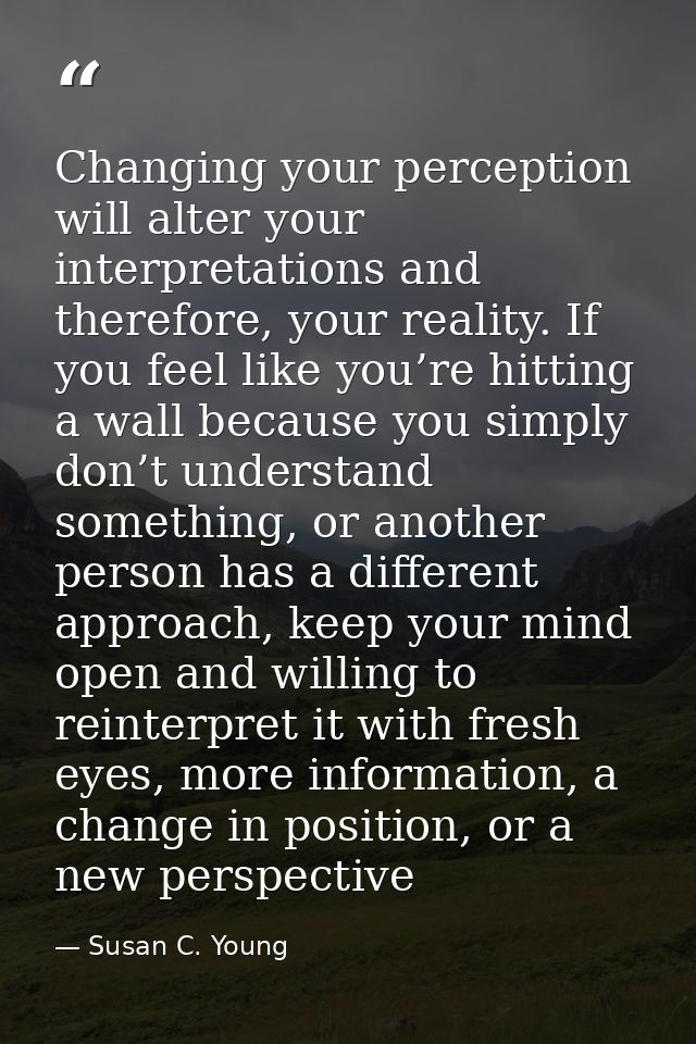 Changing your perception will alter your interpretations and therefore, your reality. If you feel like you’re hitting a  — Susan C. Young