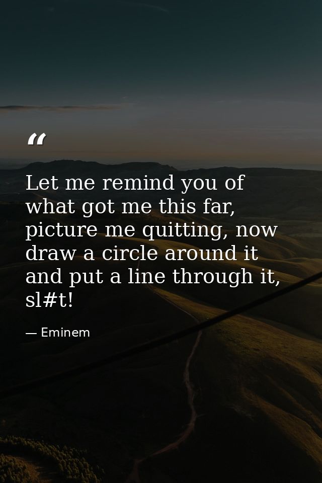 Let me remind you of what got me this far, picture me quitting, now draw a circle around it and put a line through it, s — Eminem