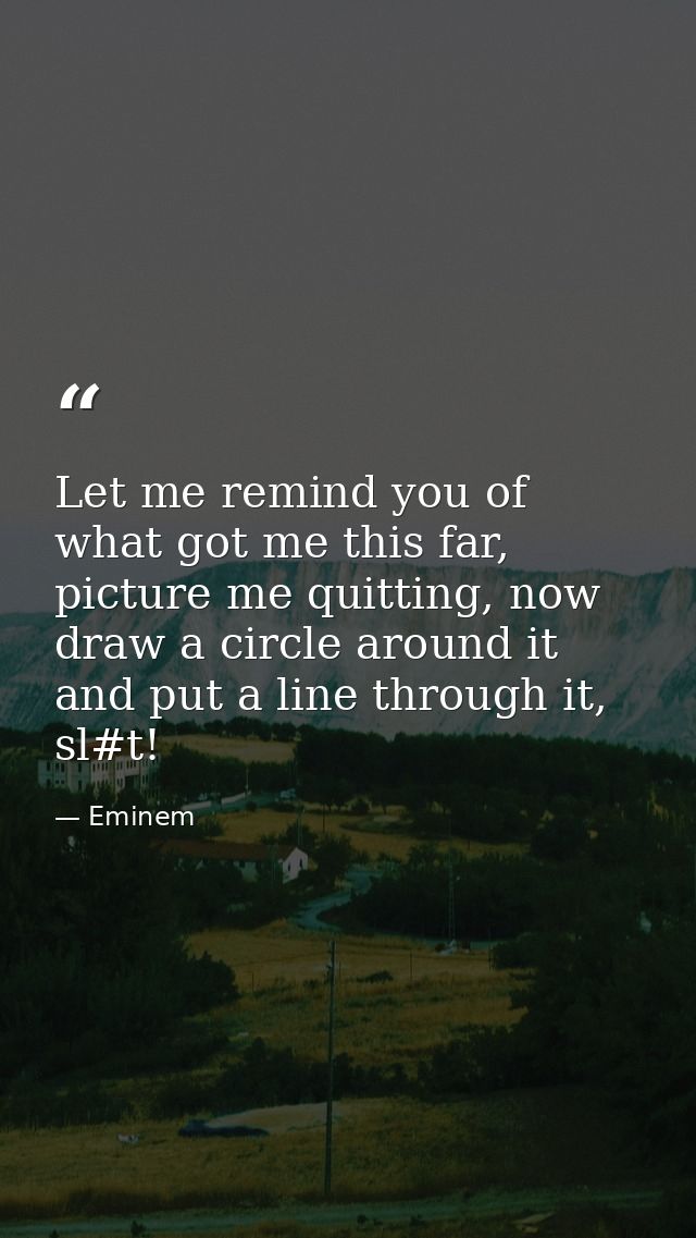 Let me remind you of what got me this far, picture me quitting, now draw a circle around it and put a line through it, s — Eminem