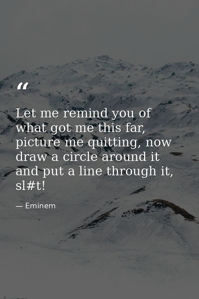 Let me remind you of what got me this far, picture me quitting, now draw a circle around it and put a line through it, s — Eminem