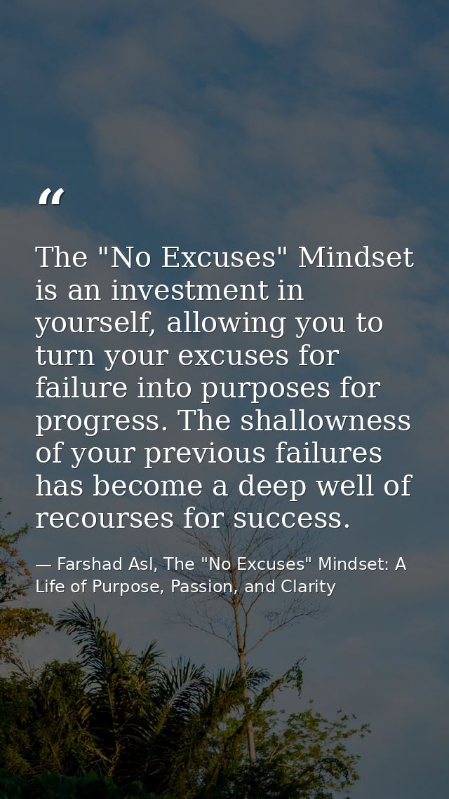 The "No Excuses" Mindset is an investment in yourself, allowing you to turn your excuses for failure into purposes for p — Farshad Asl, The "No Excuses" Mindset: A Life of Purpose, Passion, and Clarity