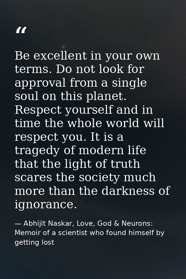 Be excellent in your own terms. Do not look for approval from a single soul on this planet. Respect yourself and in time — Abhijit Naskar, Love, God & Neurons: Memoir of a scientist who found himself by getting lost