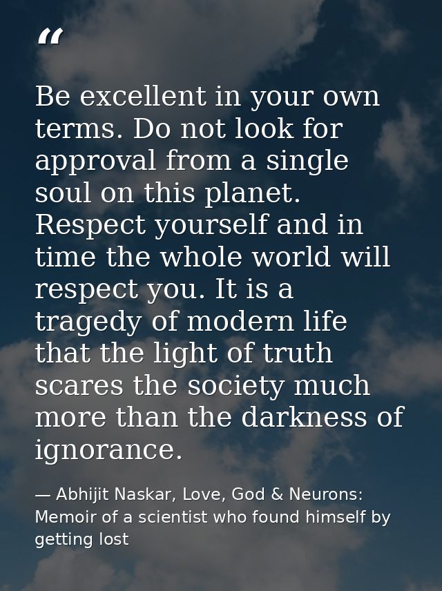 Be excellent in your own terms. Do not look for approval from a single soul on this planet. Respect yourself and in time — Abhijit Naskar, Love, God & Neurons: Memoir of a scientist who found himself by getting lost