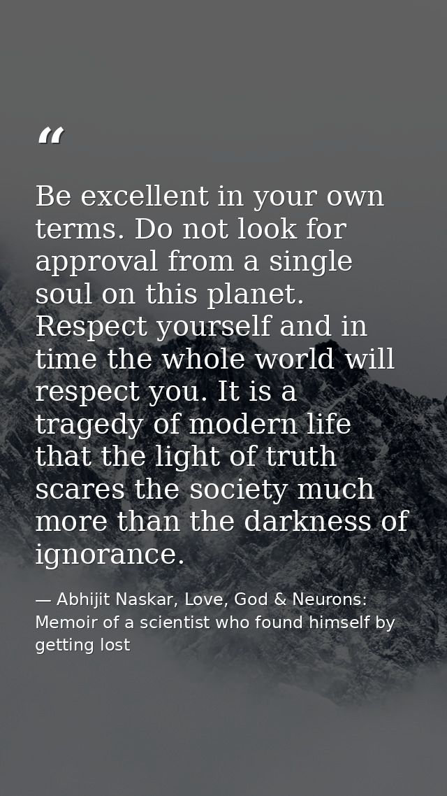 Be excellent in your own terms. Do not look for approval from a single soul on this planet. Respect yourself and in time — Abhijit Naskar, Love, God & Neurons: Memoir of a scientist who found himself by getting lost