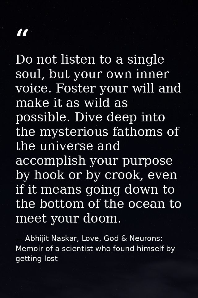 Do not listen to a single soul, but your own inner voice. Foster your will and make it as wild as possible. Dive deep in — Abhijit Naskar, Love, God & Neurons: Memoir of a scientist who found himself by getting lost