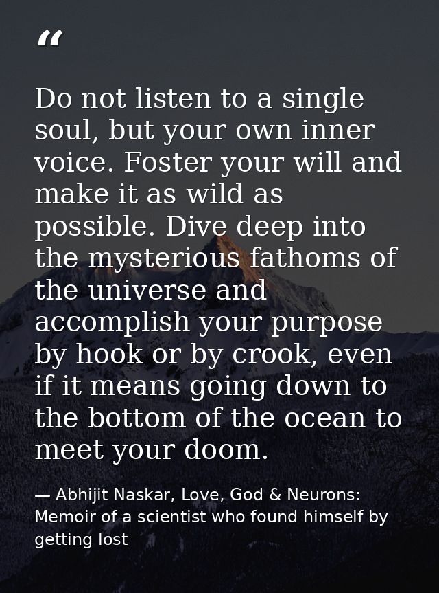 Do not listen to a single soul, but your own inner voice. Foster your will and make it as wild as possible. Dive deep in — Abhijit Naskar, Love, God & Neurons: Memoir of a scientist who found himself by getting lost