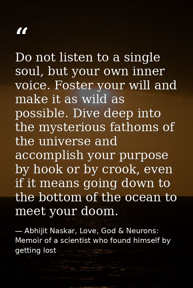 Do not listen to a single soul, but your own inner voice. Foster your will and make it as wild as possible. Dive deep in — Abhijit Naskar, Love, God & Neurons: Memoir of a scientist who found himself by getting lost