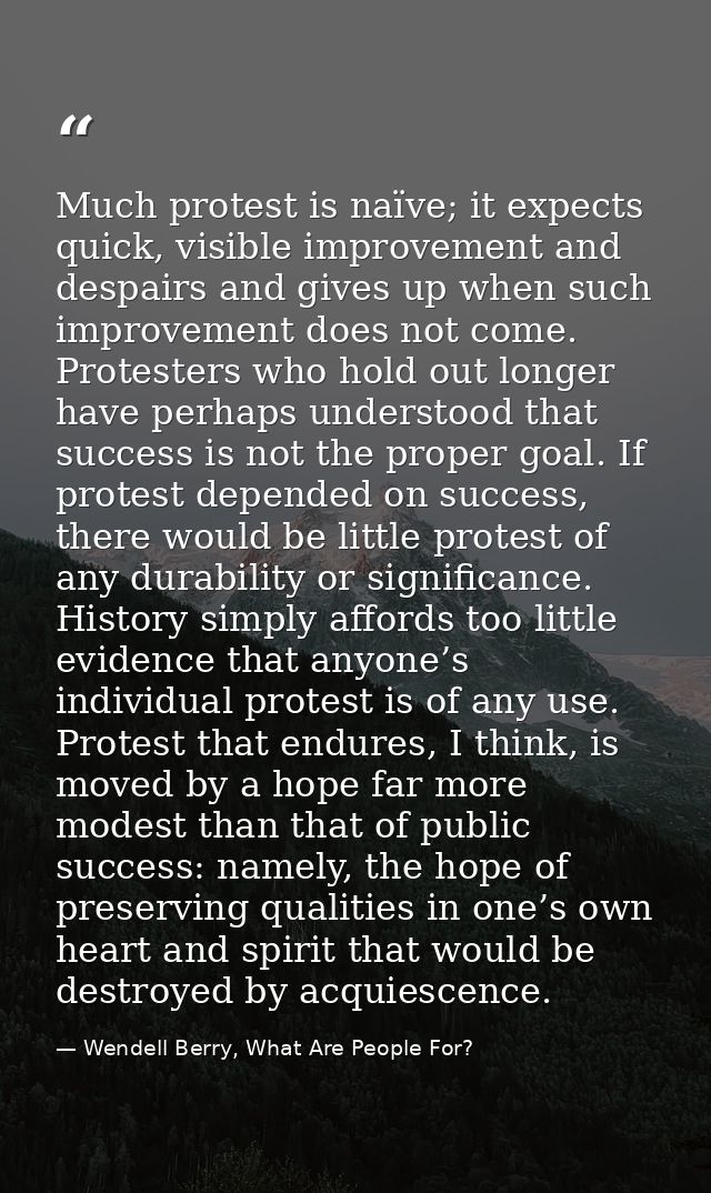 Much protest is naïve; it expects quick, visible improvement and despairs and gives up when such improvement does not co — Wendell Berry, What Are People For?