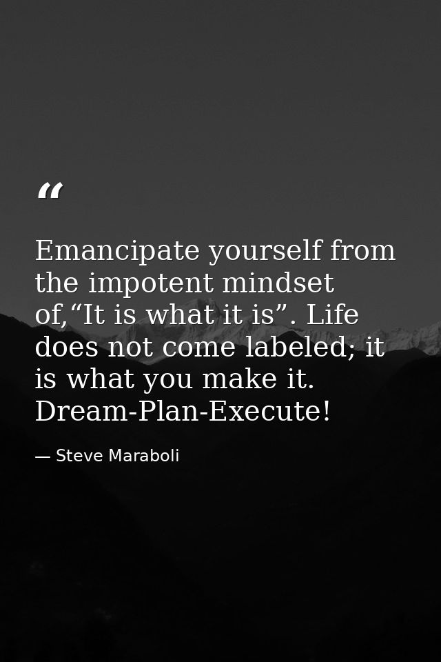 Emancipate yourself from the impotent mindset of,“It is what it is”. Life does not come labeled; it is what you make it. — Steve Maraboli