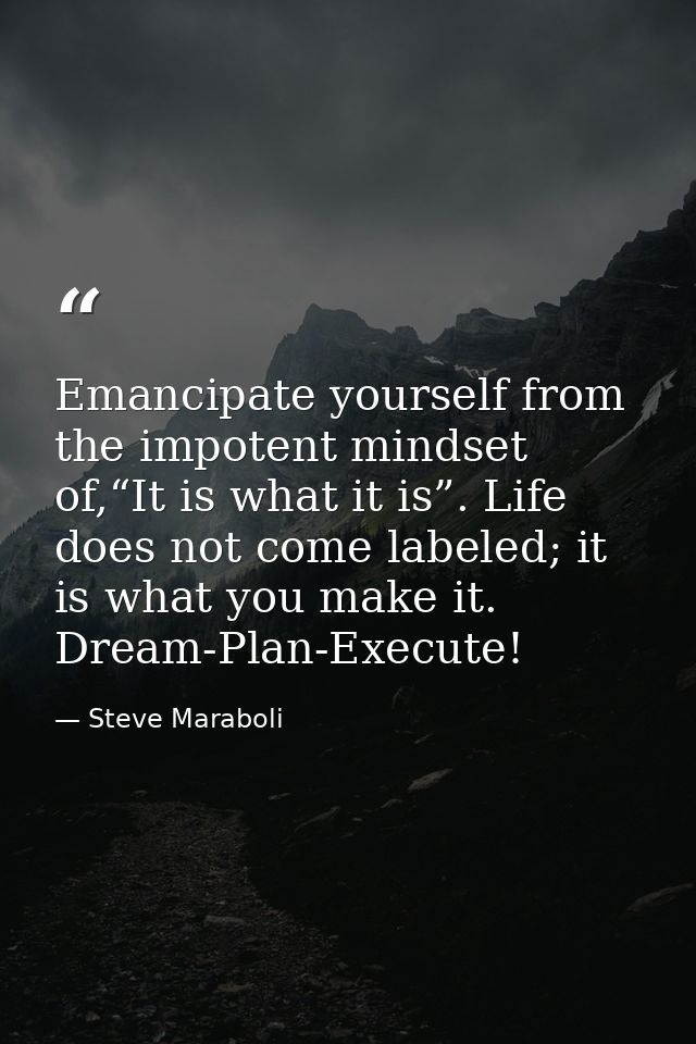 Emancipate yourself from the impotent mindset of,“It is what it is”. Life does not come labeled; it is what you make it. — Steve Maraboli