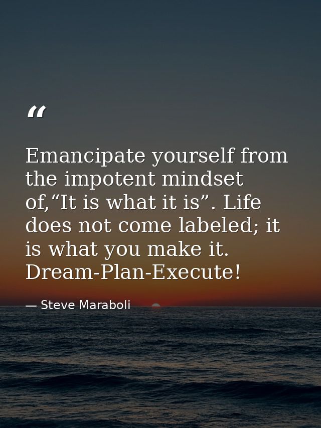 Emancipate yourself from the impotent mindset of,“It is what it is”. Life does not come labeled; it is what you make it. — Steve Maraboli