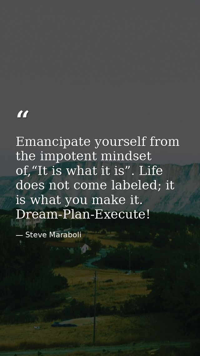 Emancipate yourself from the impotent mindset of,“It is what it is”. Life does not come labeled; it is what you make it. — Steve Maraboli