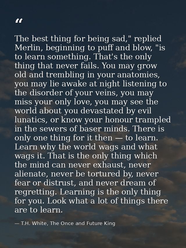 The best thing for being sad," replied Merlin, beginning to puff and blow, "is to learn something. That's the only thing — T.H. White, The Once and Future King