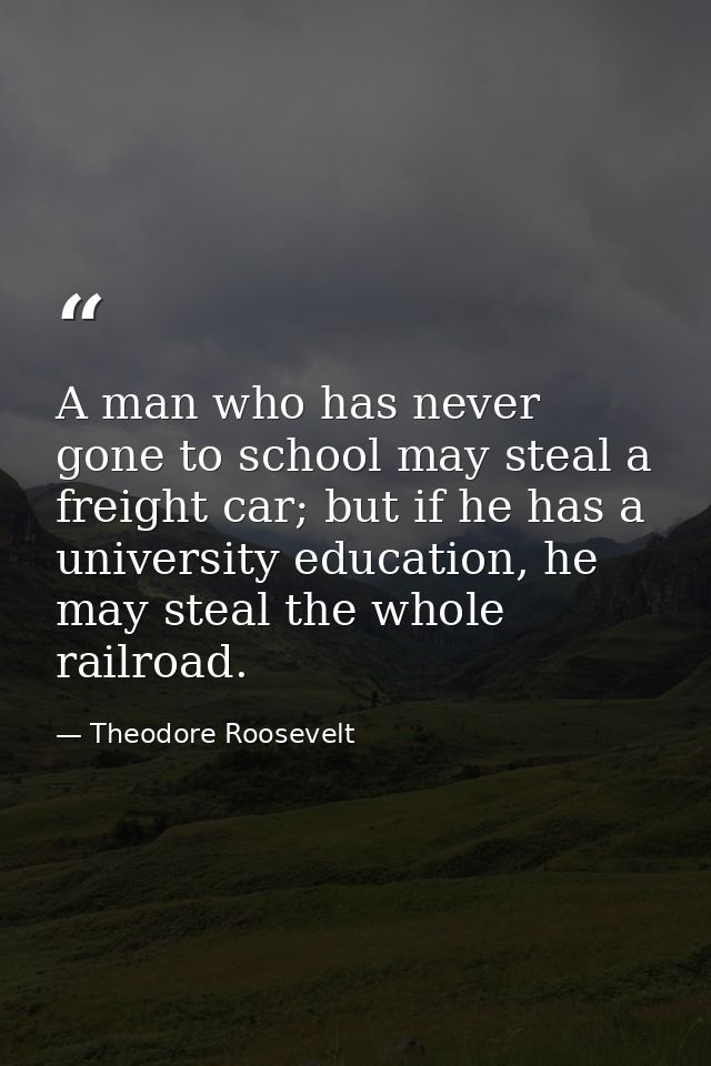 A man who has never gone to school may steal a freight car; but if he has a university education, he may steal the whole — Theodore Roosevelt