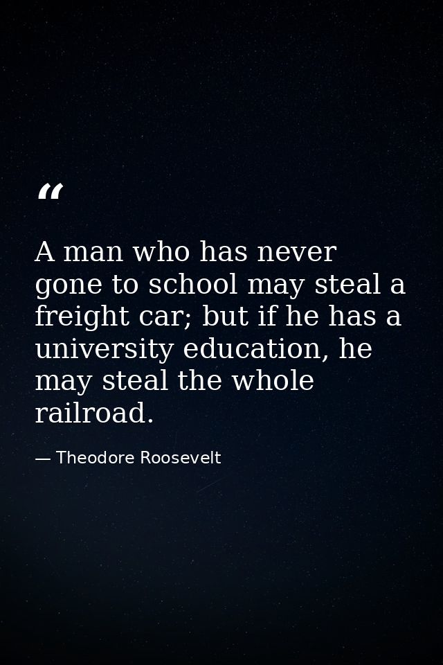 A man who has never gone to school may steal a freight car; but if he has a university education, he may steal the whole — Theodore Roosevelt