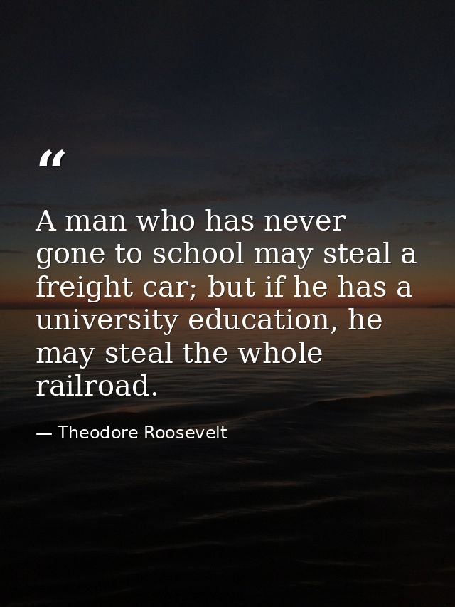 A man who has never gone to school may steal a freight car; but if he has a university education, he may steal the whole — Theodore Roosevelt