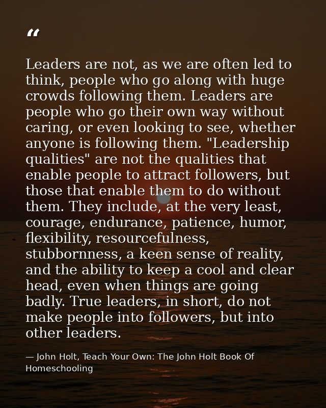 Leaders are not, as we are often led to think, people who go along with huge crowds following them. Leaders are people w — John Holt, Teach Your Own: The John Holt Book Of Homeschooling