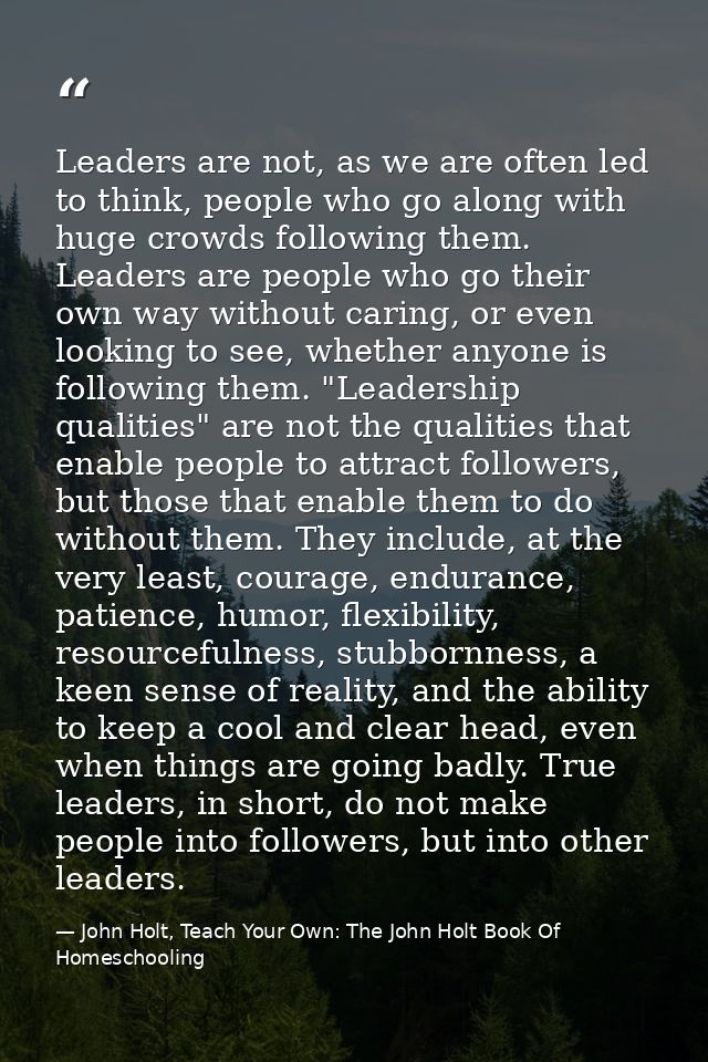 Leaders are not, as we are often led to think, people who go along with huge crowds following them. Leaders are people w — John Holt, Teach Your Own: The John Holt Book Of Homeschooling
