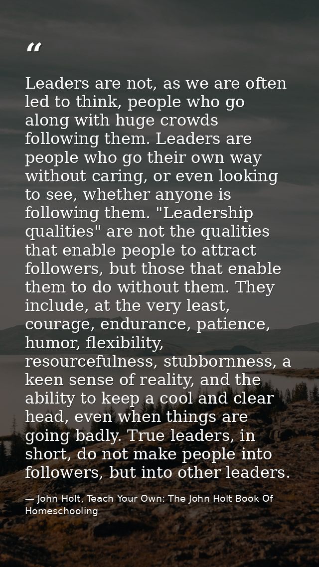 Leaders are not, as we are often led to think, people who go along with huge crowds following them. Leaders are people w — John Holt, Teach Your Own: The John Holt Book Of Homeschooling
