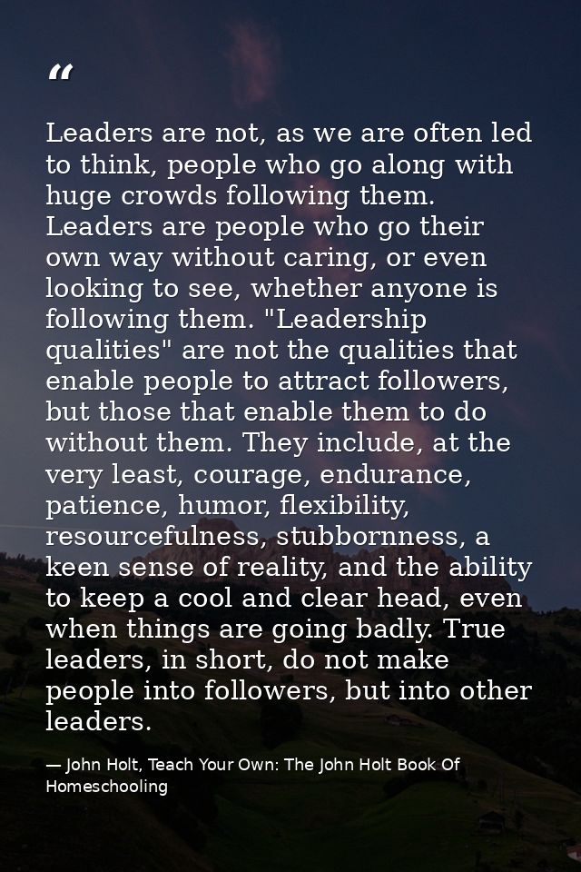 Leaders are not, as we are often led to think, people who go along with huge crowds following them. Leaders are people w — John Holt, Teach Your Own: The John Holt Book Of Homeschooling