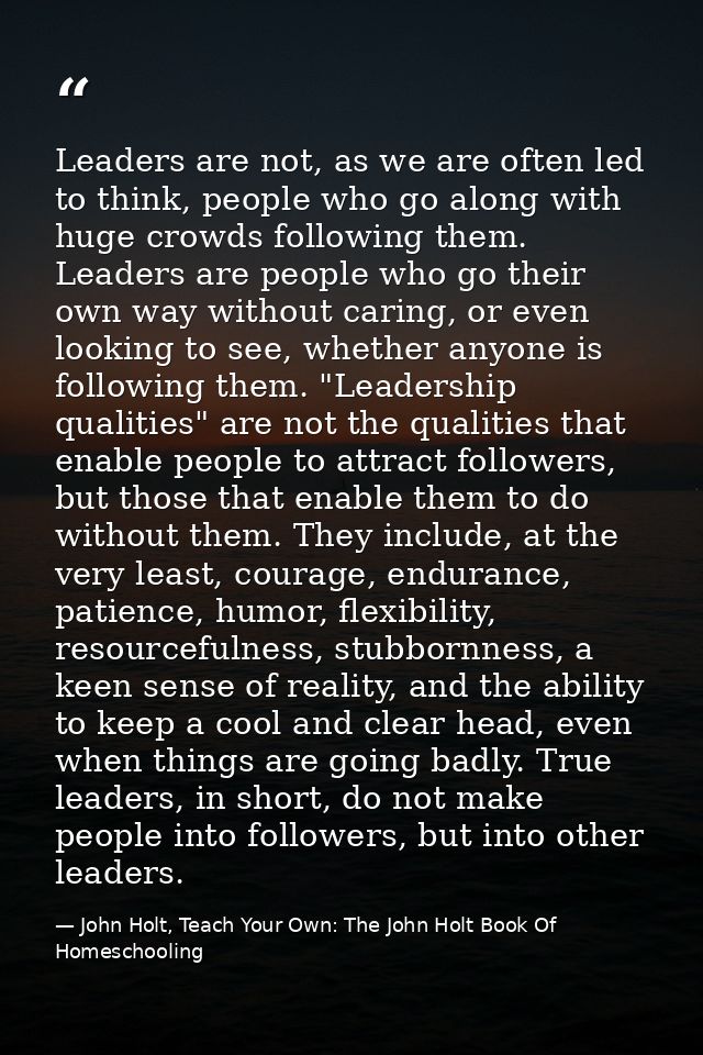 Leaders are not, as we are often led to think, people who go along with huge crowds following them. Leaders are people w — John Holt, Teach Your Own: The John Holt Book Of Homeschooling