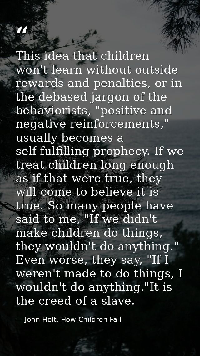 This idea that children won't learn without outside rewards and penalties, or in the debased jargon of the behaviorists, — John Holt, How Children Fail