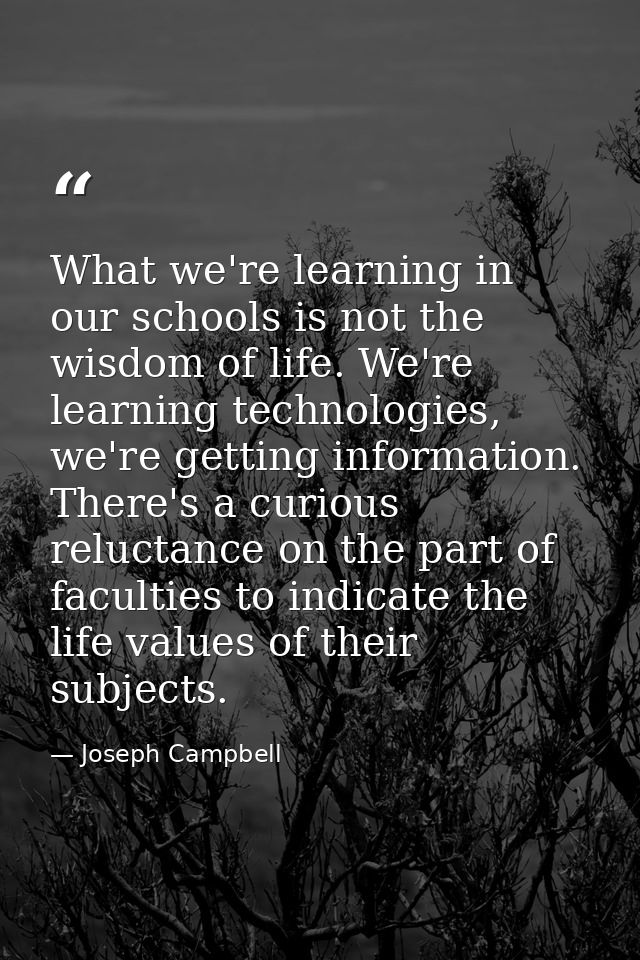 What we're learning in our schools is not the wisdom of life. We're learning technologies, we're getting information. Th — Joseph Campbell
