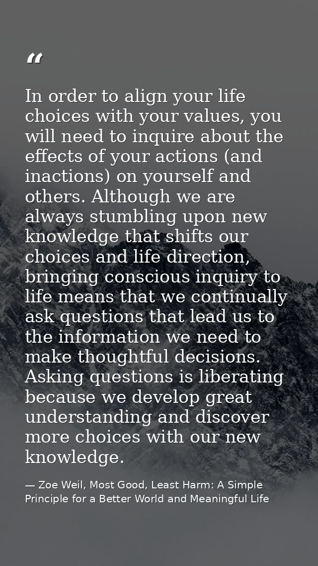In order to align your life choices with your values, you will need to inquire about the effects of your actions (and in — Zoe Weil, Most Good, Least Harm: A Simple Principle for a Better World and Meaningful Life