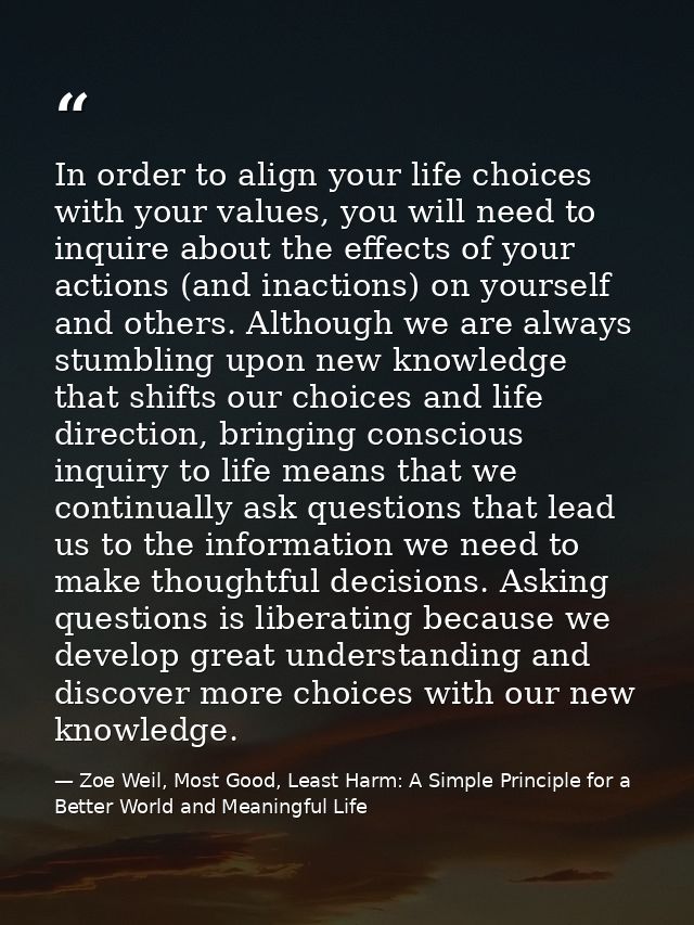 In order to align your life choices with your values, you will need to inquire about the effects of your actions (and in — Zoe Weil, Most Good, Least Harm: A Simple Principle for a Better World and Meaningful Life