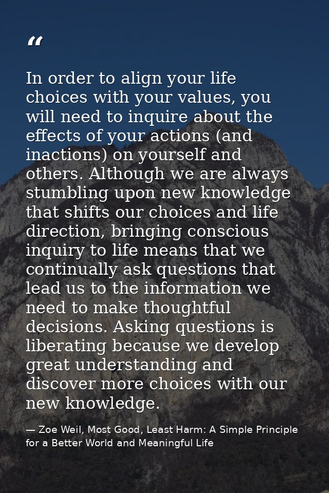 In order to align your life choices with your values, you will need to inquire about the effects of your actions (and in — Zoe Weil, Most Good, Least Harm: A Simple Principle for a Better World and Meaningful Life