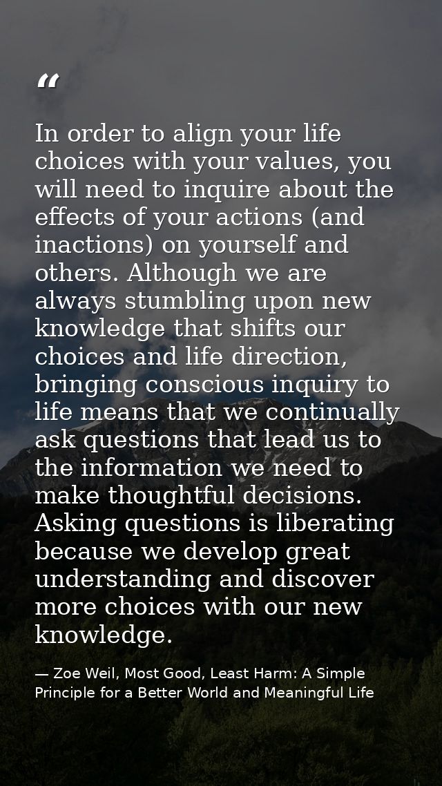 In order to align your life choices with your values, you will need to inquire about the effects of your actions (and in — Zoe Weil, Most Good, Least Harm: A Simple Principle for a Better World and Meaningful Life