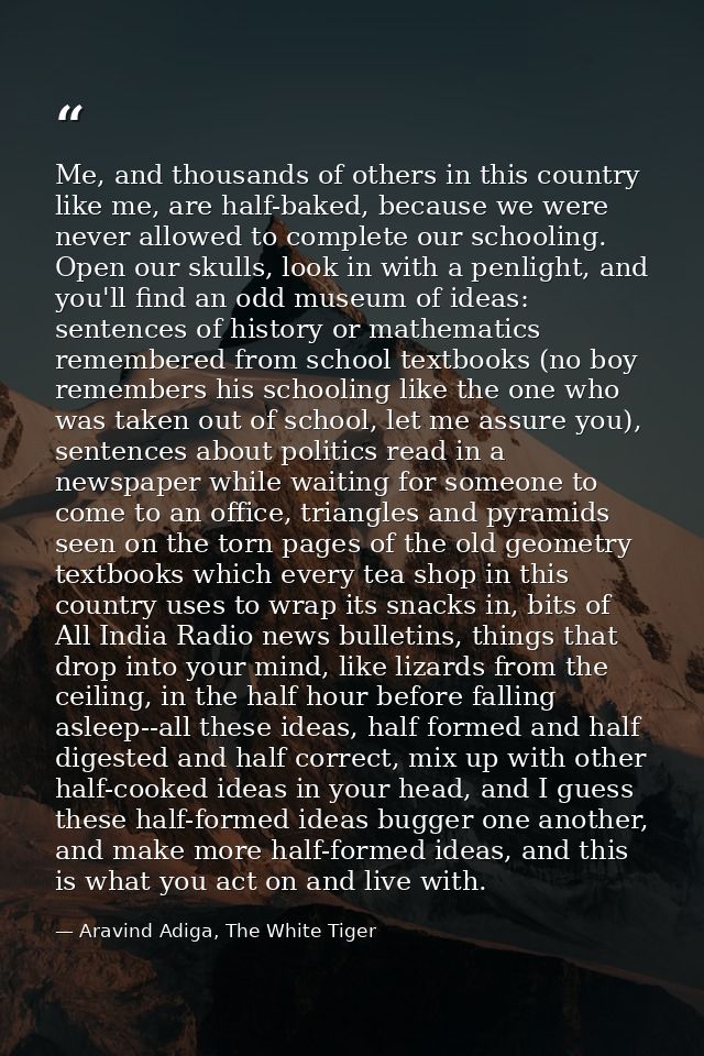 Me, and thousands of others in this country like me, are half-baked, because we were never allowed to complete our schoo — Aravind Adiga, The White Tiger