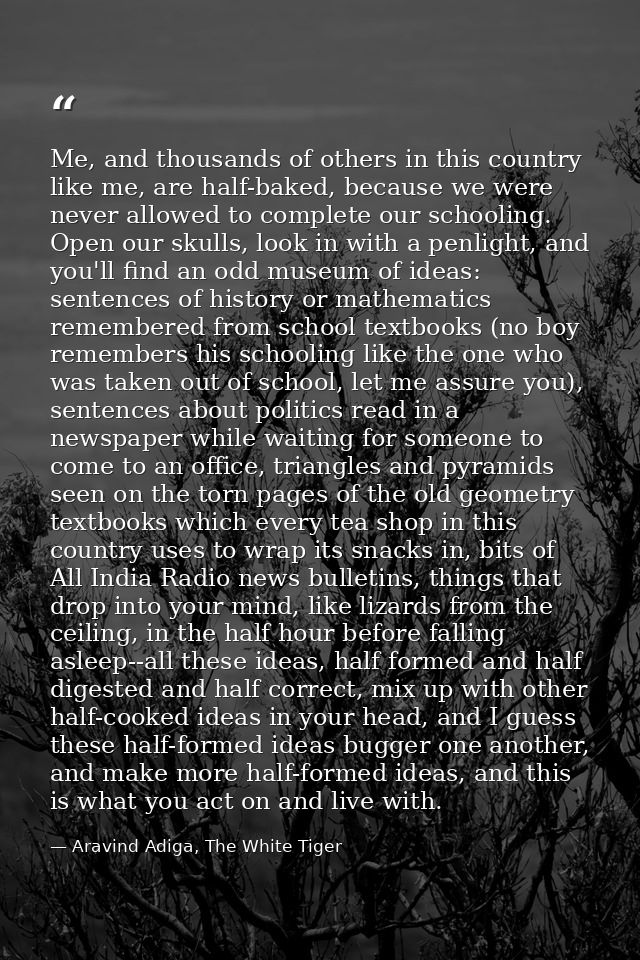 Me, and thousands of others in this country like me, are half-baked, because we were never allowed to complete our schoo — Aravind Adiga, The White Tiger