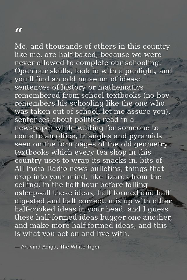 Me, and thousands of others in this country like me, are half-baked, because we were never allowed to complete our schoo — Aravind Adiga, The White Tiger