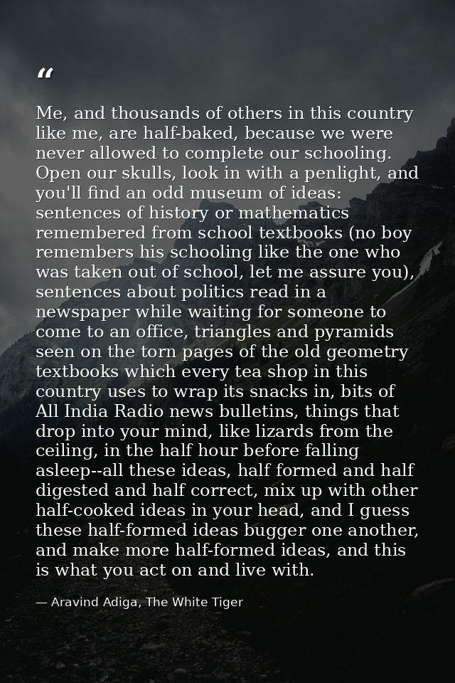 Me, and thousands of others in this country like me, are half-baked, because we were never allowed to complete our schoo — Aravind Adiga, The White Tiger