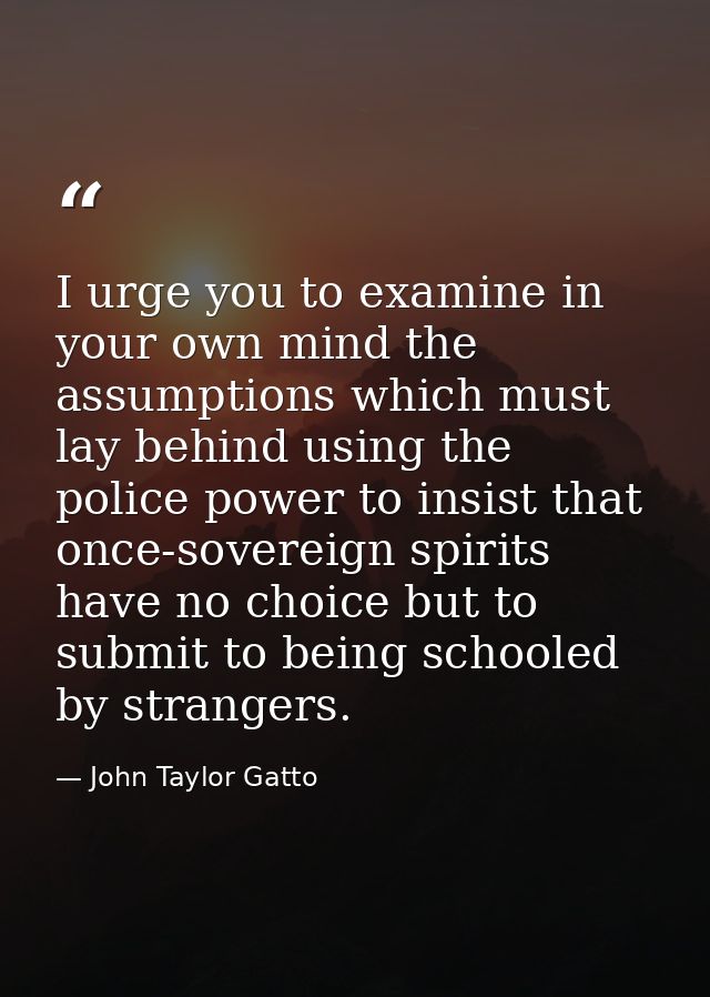 I urge you to examine in your own mind the assumptions which must lay behind using the police power to insist that once- — John Taylor Gatto