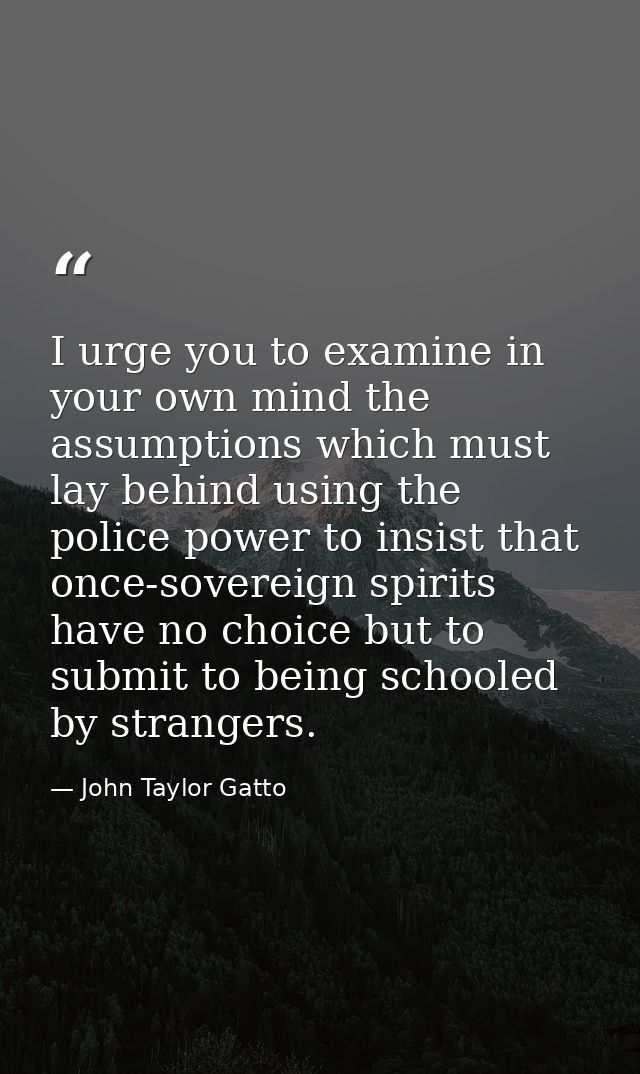 I urge you to examine in your own mind the assumptions which must lay behind using the police power to insist that once- — John Taylor Gatto